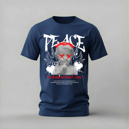 no peace without love tshirt; cherub graphic tee; peace streetwear shirt; statement tshirt; unisex streetwear tee; men cotton tshirt; half sleeve printed tshirt; fashion merch; casual wear