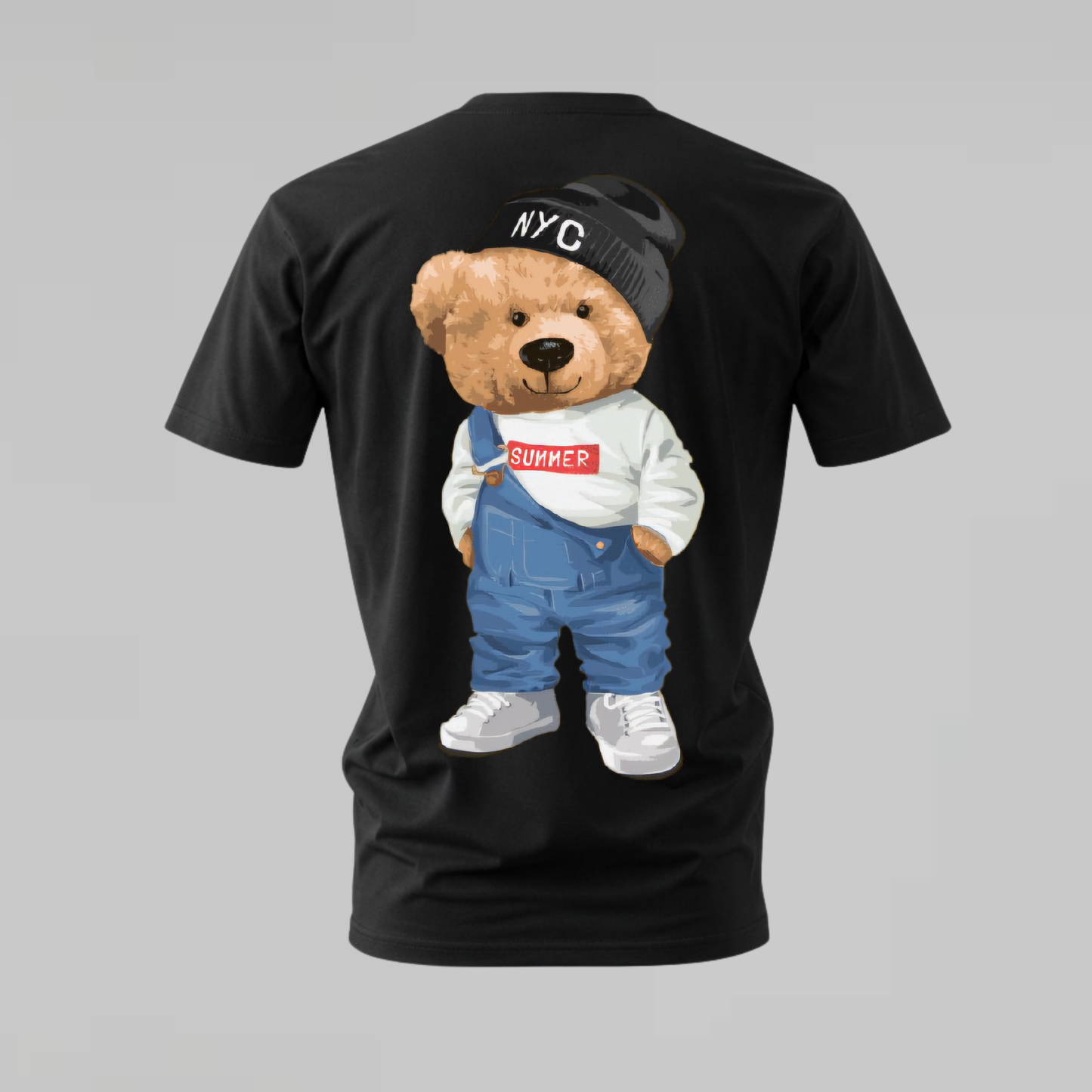 nyc teddy tshirt; summer teddy shirt; nyc summer graphic tee; streetwear bear tshirt; teddy overalls shirt; unisex teddy tee; men cotton tshirt; half sleeve printed tshirt; streetwear; casual wear; teddy merch; cartoon graphic shirt

