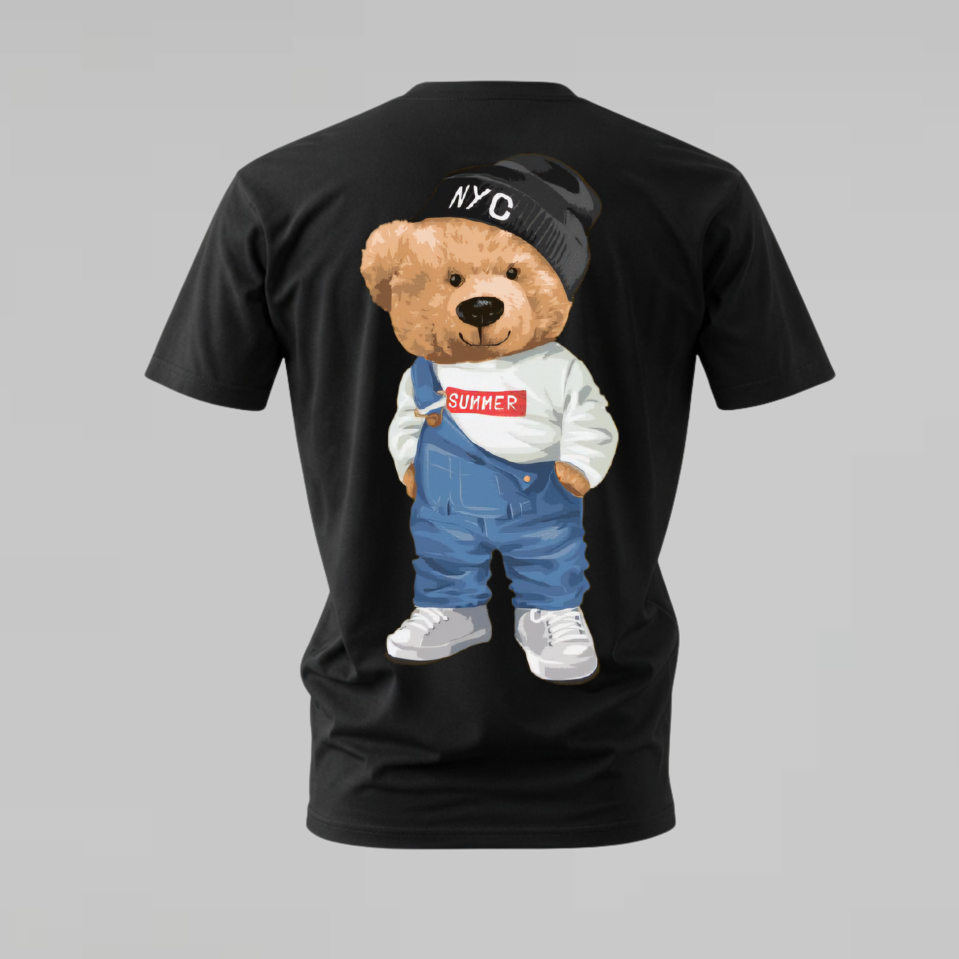 nyc teddy tshirt; summer teddy shirt; nyc summer graphic tee; streetwear bear tshirt; teddy overalls shirt; unisex teddy tee; men cotton tshirt; half sleeve printed tshirt; streetwear; casual wear; teddy merch; cartoon graphic shirt
