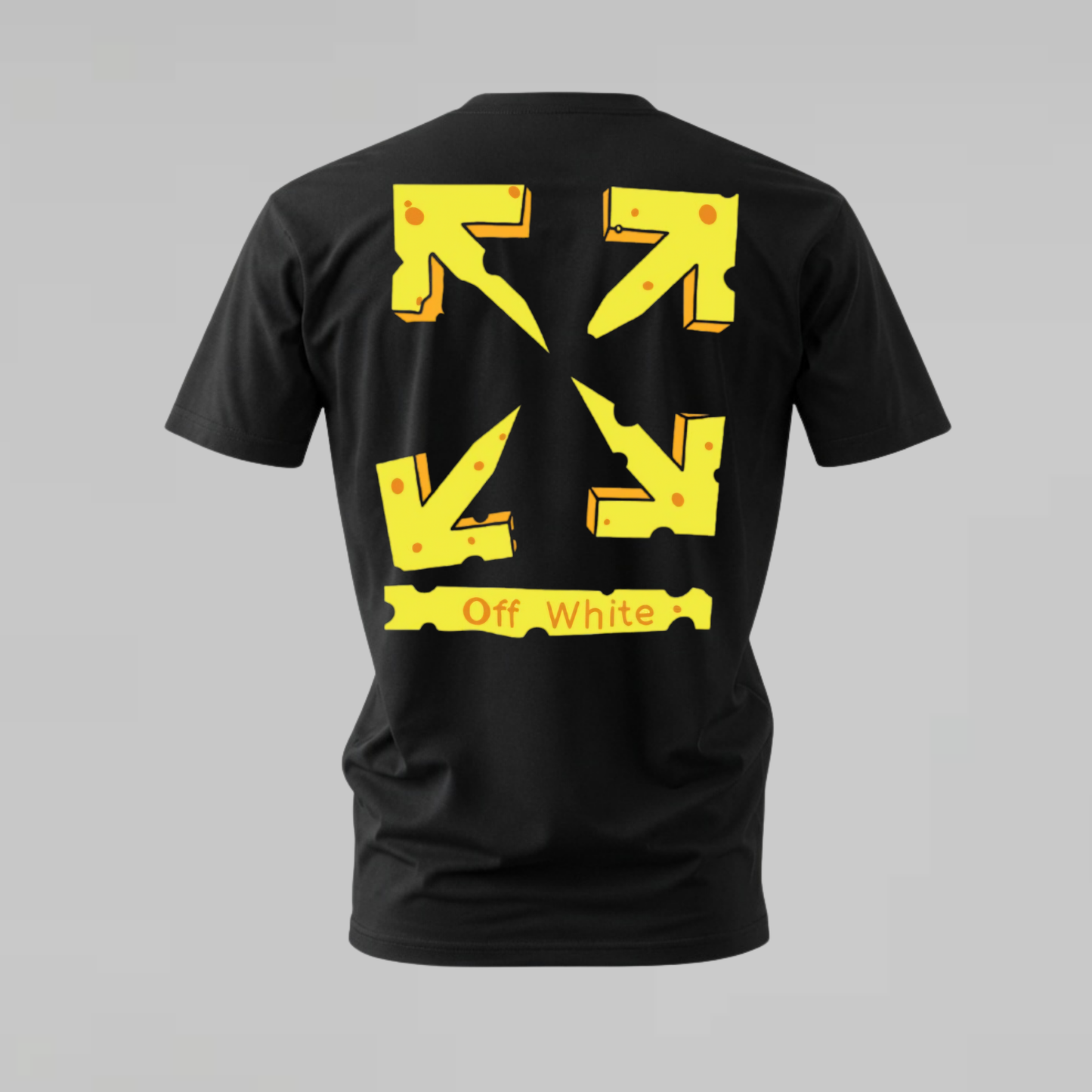A black short-sleeve t-shirt shown from the back, featuring a large yellow graphic of four crossed arrows and a banner reading 'Off White' on a light gray background.