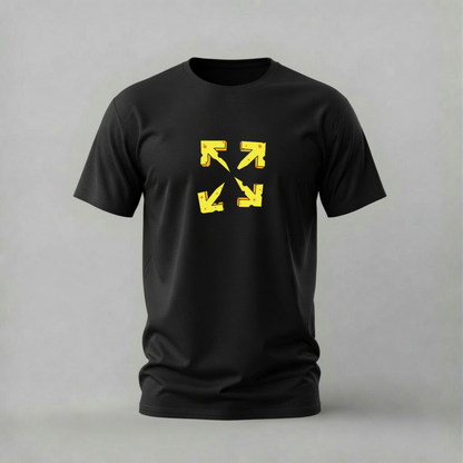 off white arrows tshirt; cheese arrows shirt; yellow arrows graphic tee; off white style tshirt; street arrows shirt; unisex arrows tee; men cotton tshirt; half sleeve printed tshirt; streetwear; casual wear; fashion merch; arrows graphic shirt