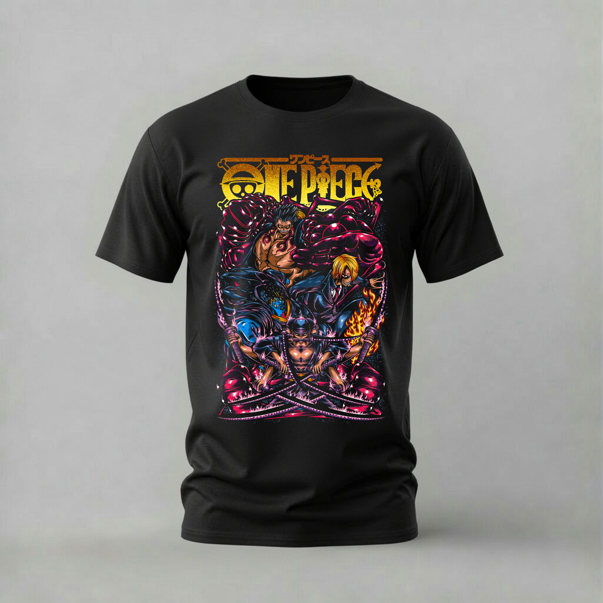 one piece crew group tshirt; luffy sanji shirt; straw hat group graphic tee; one piece action tshirt; unisex one piece crew tee; men cotton tshirt; half sleeve printed tshirt; anime merch; casual wear
