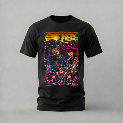 one piece crew group tshirt; luffy sanji shirt; straw hat group graphic tee; one piece action tshirt; unisex one piece crew tee; men cotton tshirt; half sleeve printed tshirt; anime merch; casual wear