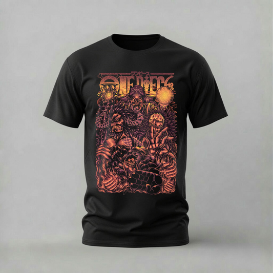 one piece fire group tshirt; kaido luffy shirt; one piece battle graphic tee; fiery one piece tshirt; unisex one piece fire tee; men cotton tshirt; half sleeve printed tshirt; anime merch; casual wear