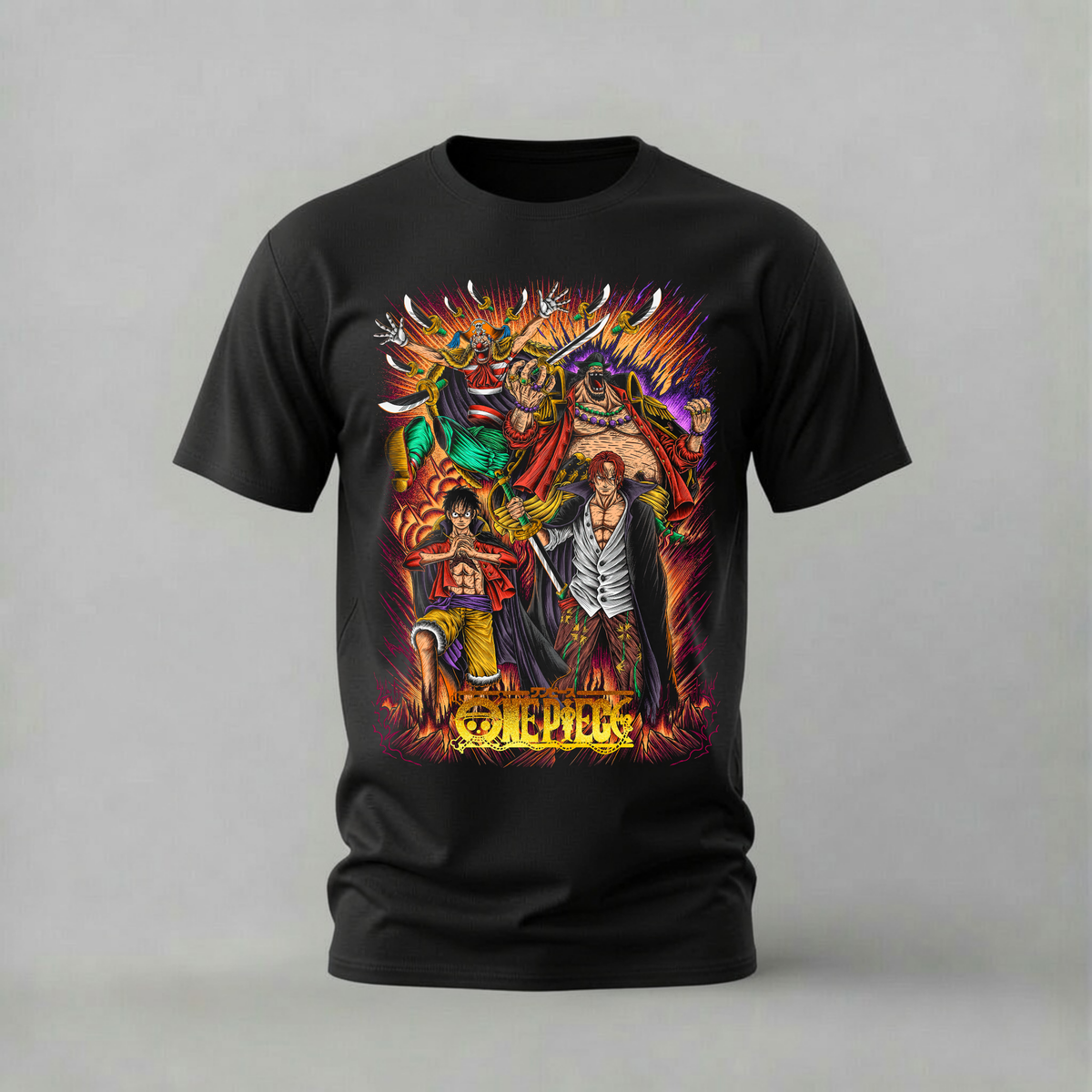 one piece legends group tshirt; buggy blackbeard shanks shirt; one piece group graphic tee; pirate legends tshirt; unisex one piece legends tee; men cotton tshirt; half sleeve printed tshirt; anime merch; casual wear