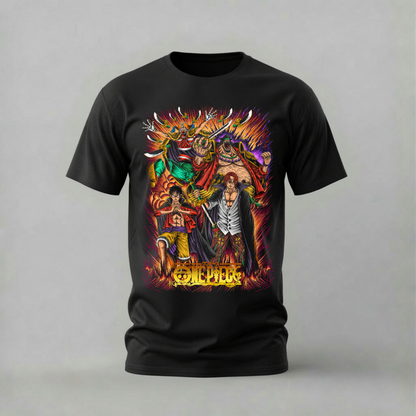 one piece legends group tshirt; buggy blackbeard shanks shirt; one piece group graphic tee; pirate legends tshirt; unisex one piece legends tee; men cotton tshirt; half sleeve printed tshirt; anime merch; casual wear