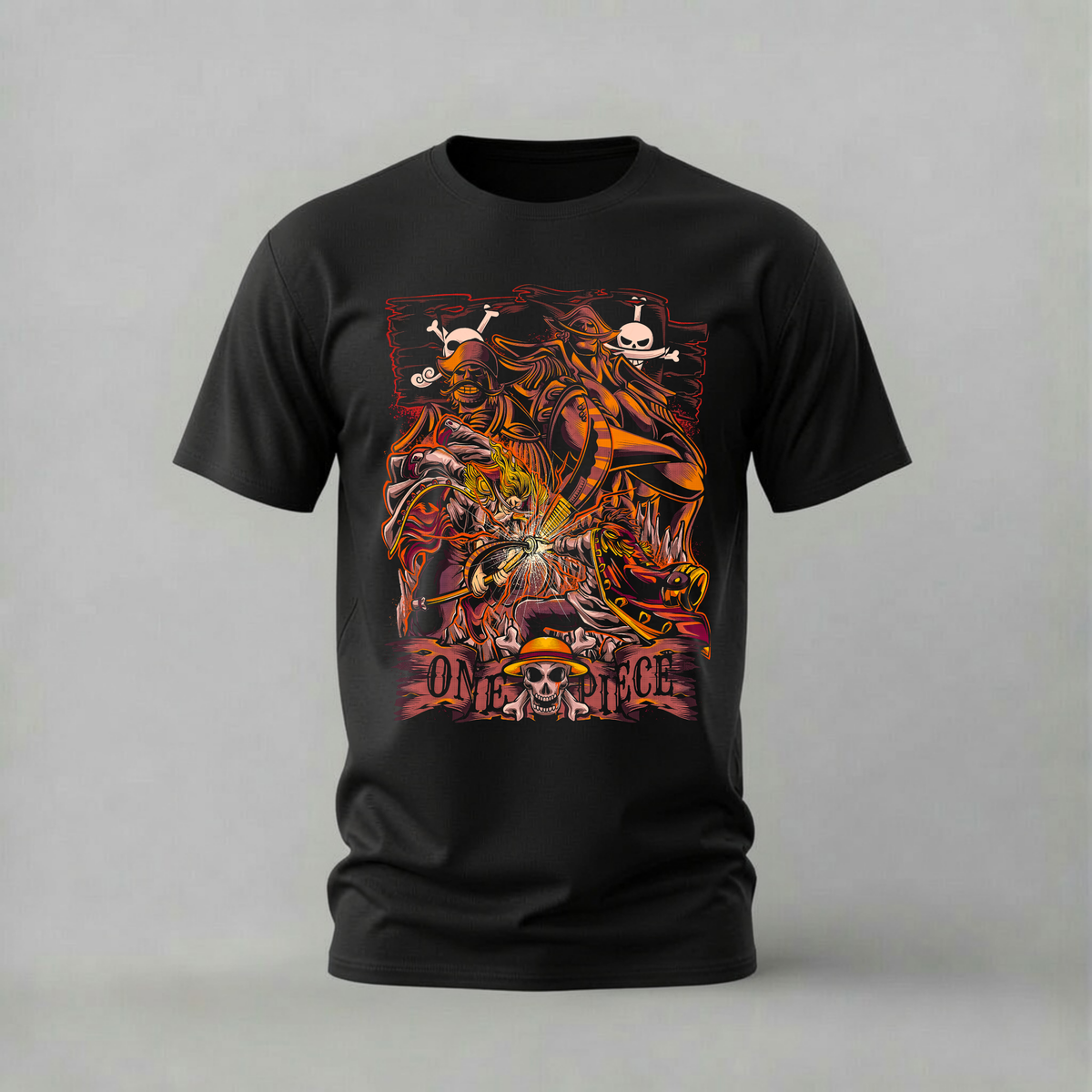 one piece sword clash tshirt; pirate battle shirt; sword fight graphic tee; one piece duel tshirt; unisex one piece sword tee; men cotton tshirt; half sleeve printed tshirt; anime merch; casual wear