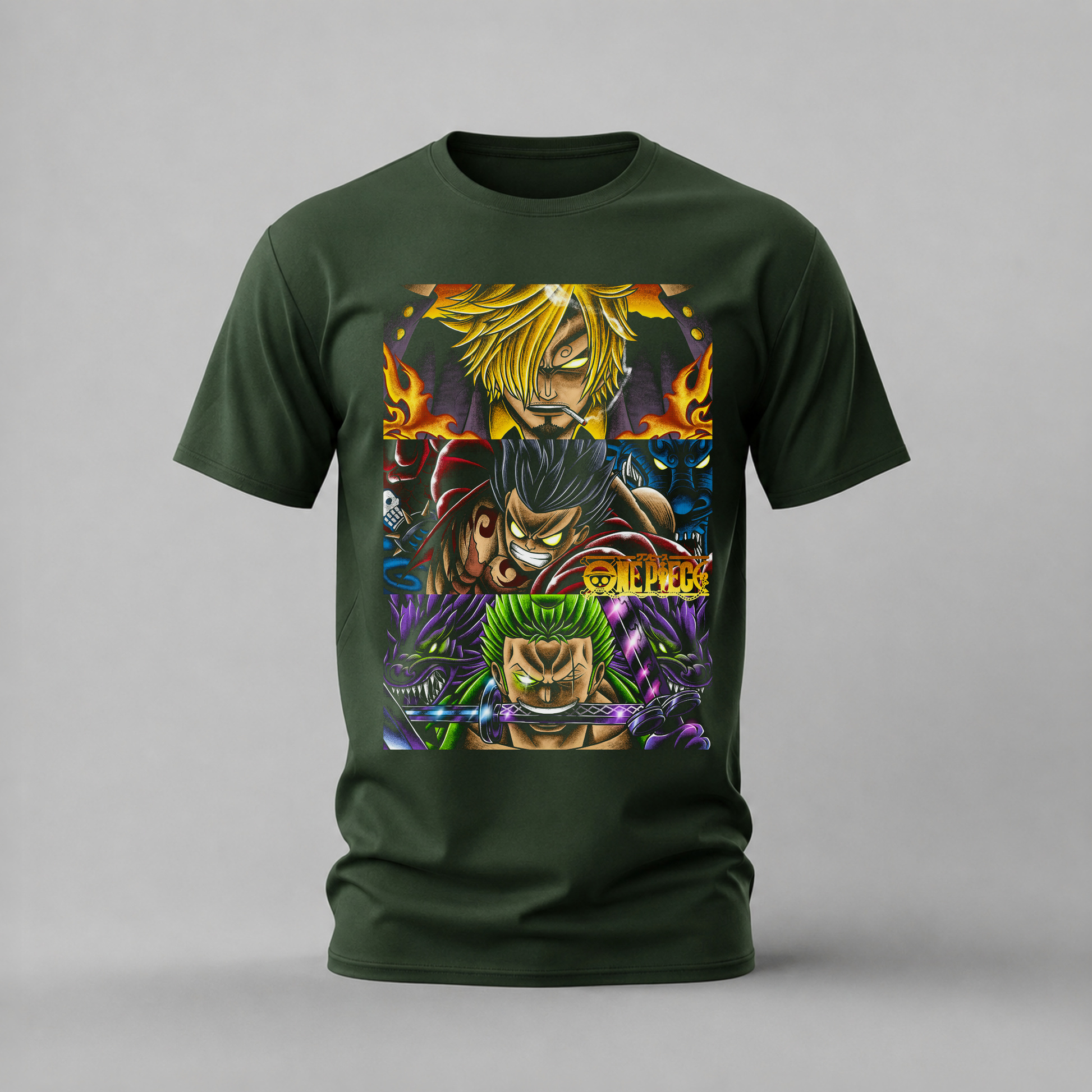 one piece tshirt; luffy sanji zoro shirt; one piece trio graphic tee; straw hat crew tshirt; one piece characters shirt; unisex anime tee; men cotton tshirt; half sleeve printed tshirt; streetwear; casual wear; one piece merch; anime graphic shirt
