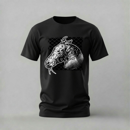 ornate horse tshirt; artistic horse shirt; horse head graphic tee; detailed horse tshirt; animal art shirt; unisex horse tee; men cotton tshirt; half sleeve printed tshirt; streetwear; casual wear; horse merch; art graphic shirt
