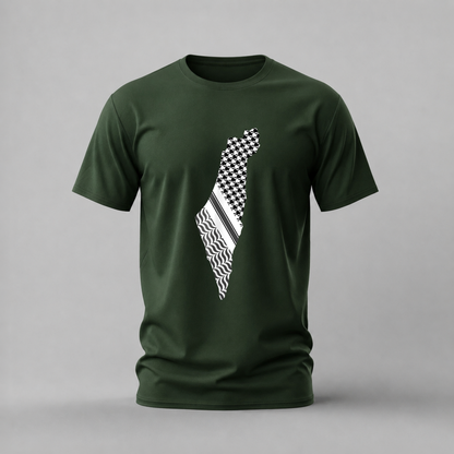 palestine map tshirt; keffiyeh palestine shirt; palestine graphic tee; solidarity palestine tshirt; keffiyeh map shirt; cultural palestine tee; unisex solidarity tshirt; men cotton tshirt; half sleeve printed tshirt; streetwear; casual wear; palestine merch; map graphic shirt
