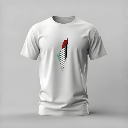 A white short-sleeve crewneck t-shirt displayed on a neutral gray background, featuring a graphic of the map of Palestine in the Palestinian flag pattern on the center chest.