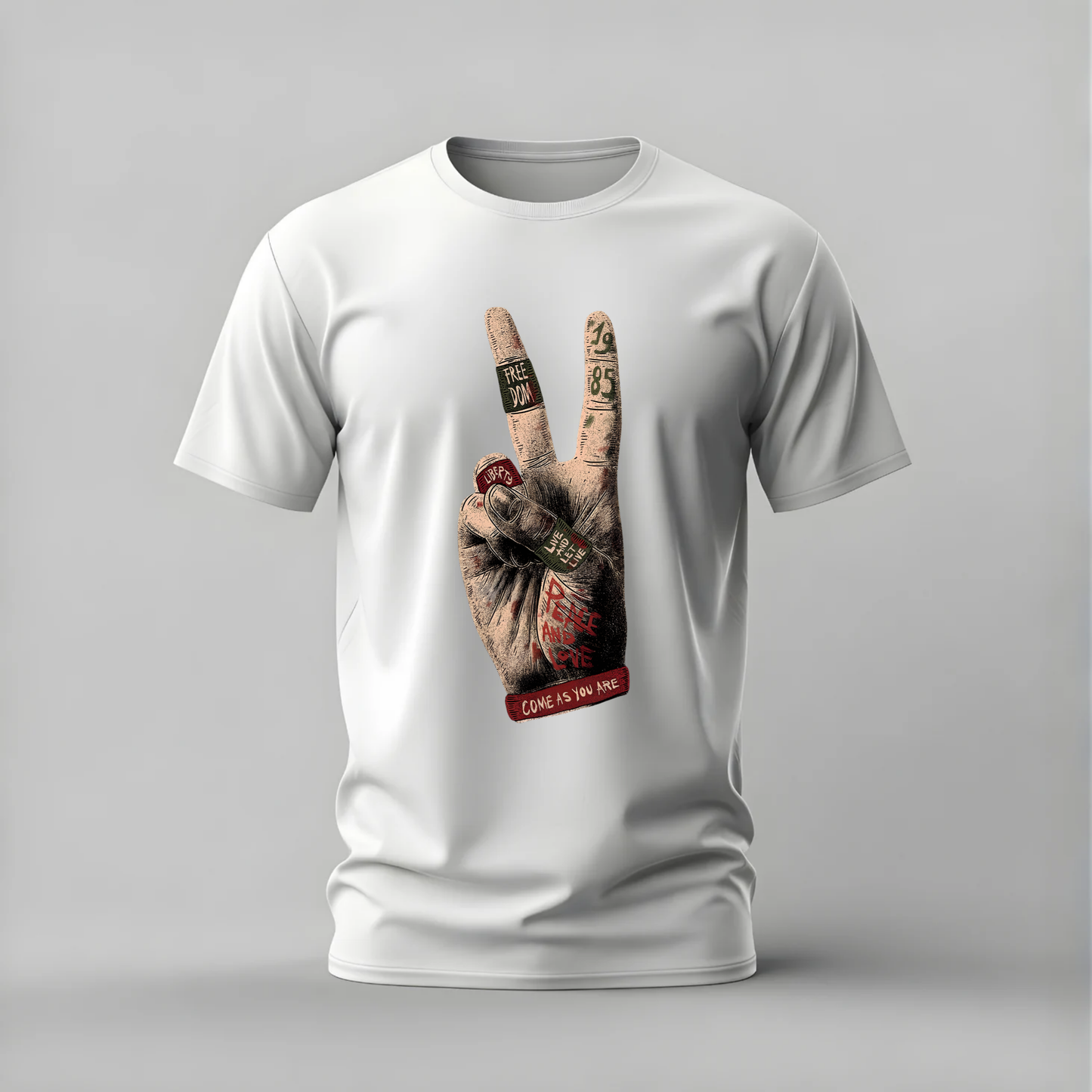 peace sign tshirt; freedom hand shirt; liberty peace graphic tee; live and let live tshirt; come as you are shirt; peace activist tee; unisex peace tshirt; men cotton tshirt; half sleeve printed tshirt; streetwear; casual wear; peace merch; freedom graphic shirt
