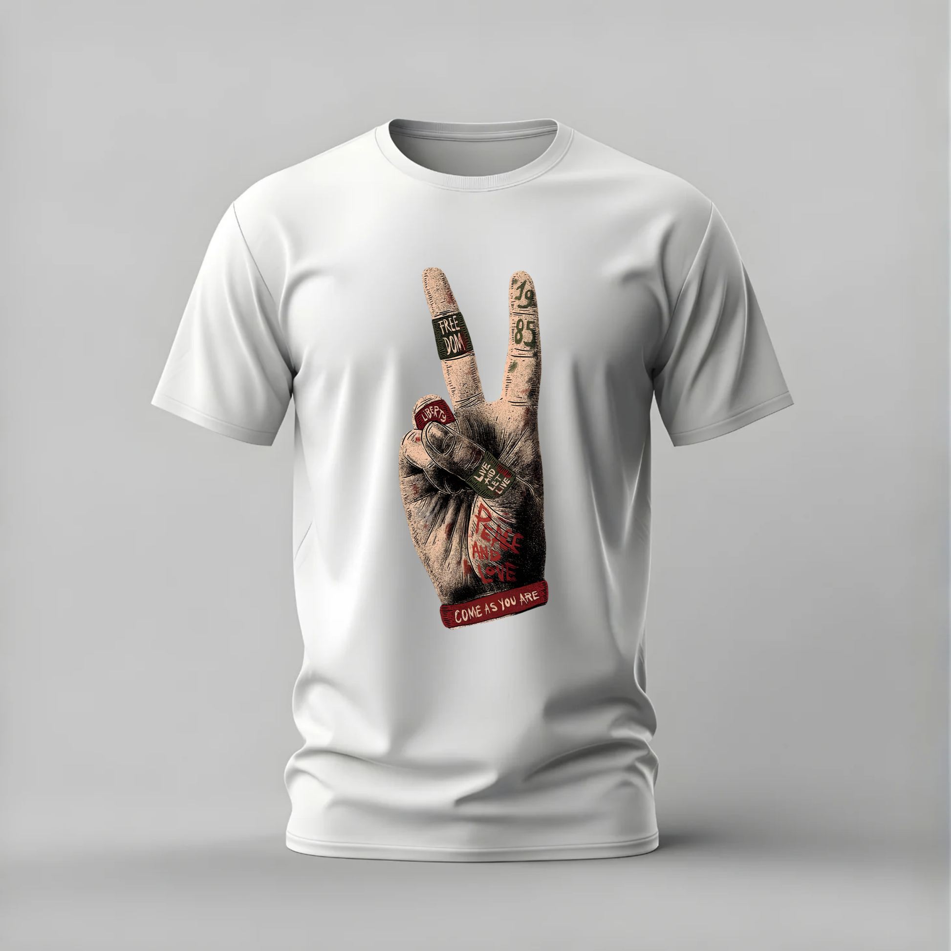 peace sign tshirt; freedom hand shirt; liberty peace graphic tee; live and let live tshirt; come as you are shirt; peace activist tee; unisex peace tshirt; men cotton tshirt; half sleeve printed tshirt; streetwear; casual wear; peace merch; freedom graphic shirt
