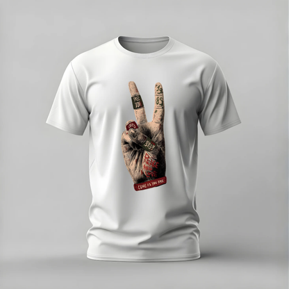 peace sign tshirt; freedom hand shirt; liberty peace graphic tee; live and let live tshirt; come as you are shirt; peace activist tee; unisex peace tshirt; men cotton tshirt; half sleeve printed tshirt; streetwear; casual wear; peace merch; freedom graphic shirt
