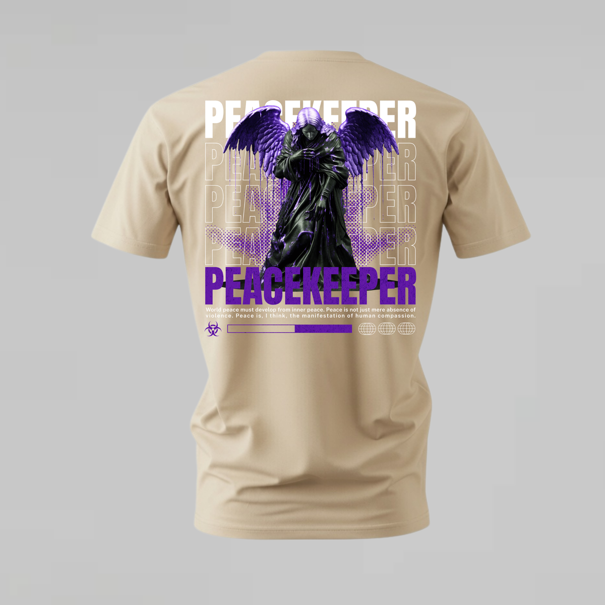 peacekeeper tshirt; purple angel shirt; statue graphic tee; spiritual streetwear tshirt; unisex streetwear tee; men cotton tshirt; half sleeve printed tshirt; fashion merch; casual wear