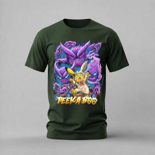 peek a boo pikachu tshirt; gengar pikachu shirt; pokemon ghost graphic tee; peekaboo pokemon tshirt; unisex peek a boo tee; men cotton tshirt; half sleeve printed tshirt; anime merch; casual wear