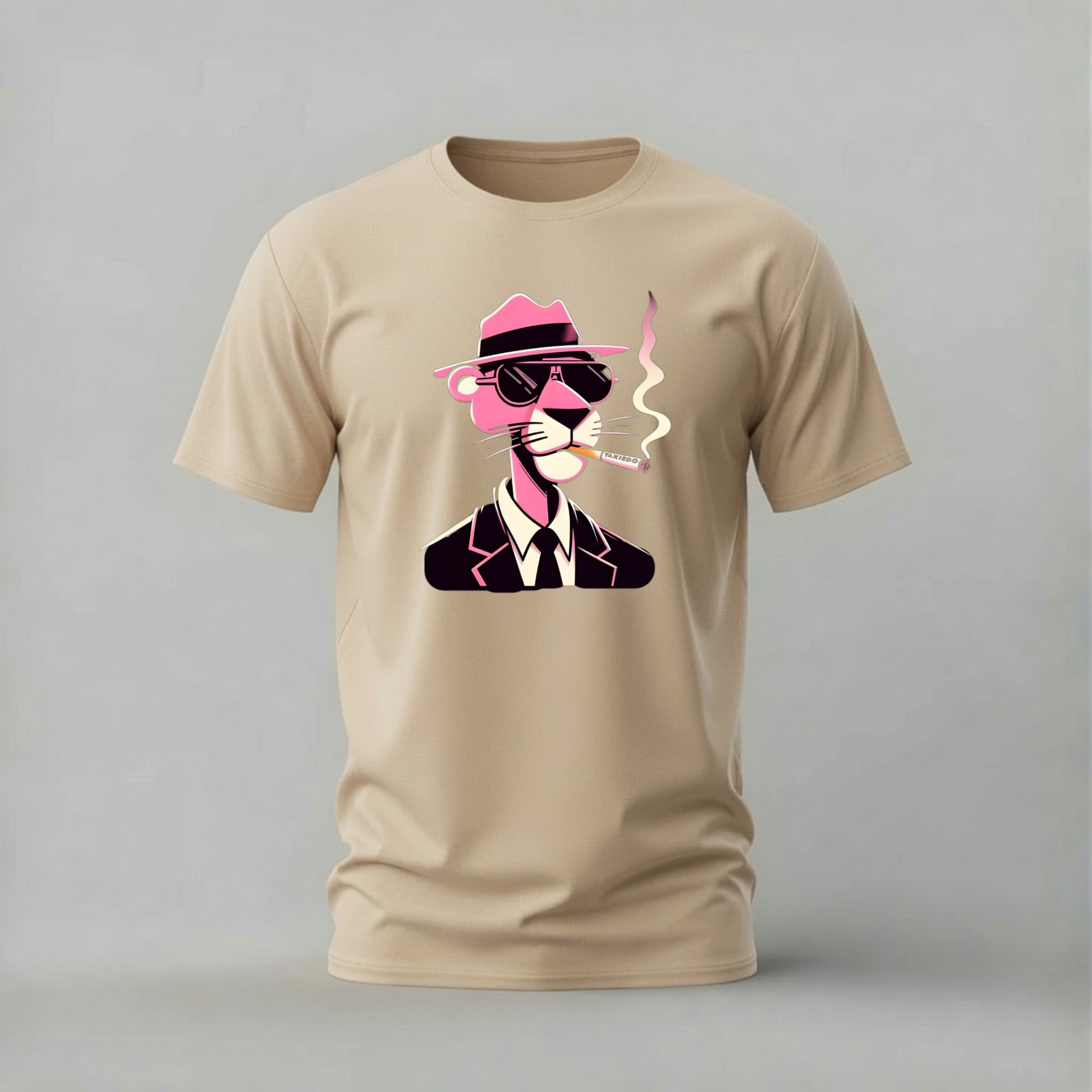 pink panther tshirt; cool panther shirt; pink panther graphic tee; tuxedo panther tshirt; cartoon character shirt; unisex panther tee; men cotton tshirt; half sleeve printed tshirt; streetwear; casual wear; pink panther merch; cartoon graphic shirt
