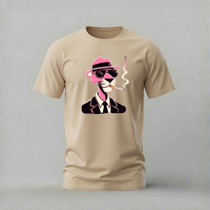 pink panther tshirt; cool panther shirt; pink panther graphic tee; tuxedo panther tshirt; cartoon character shirt; unisex panther tee; men cotton tshirt; half sleeve printed tshirt; streetwear; casual wear; pink panther merch; cartoon graphic shirt
