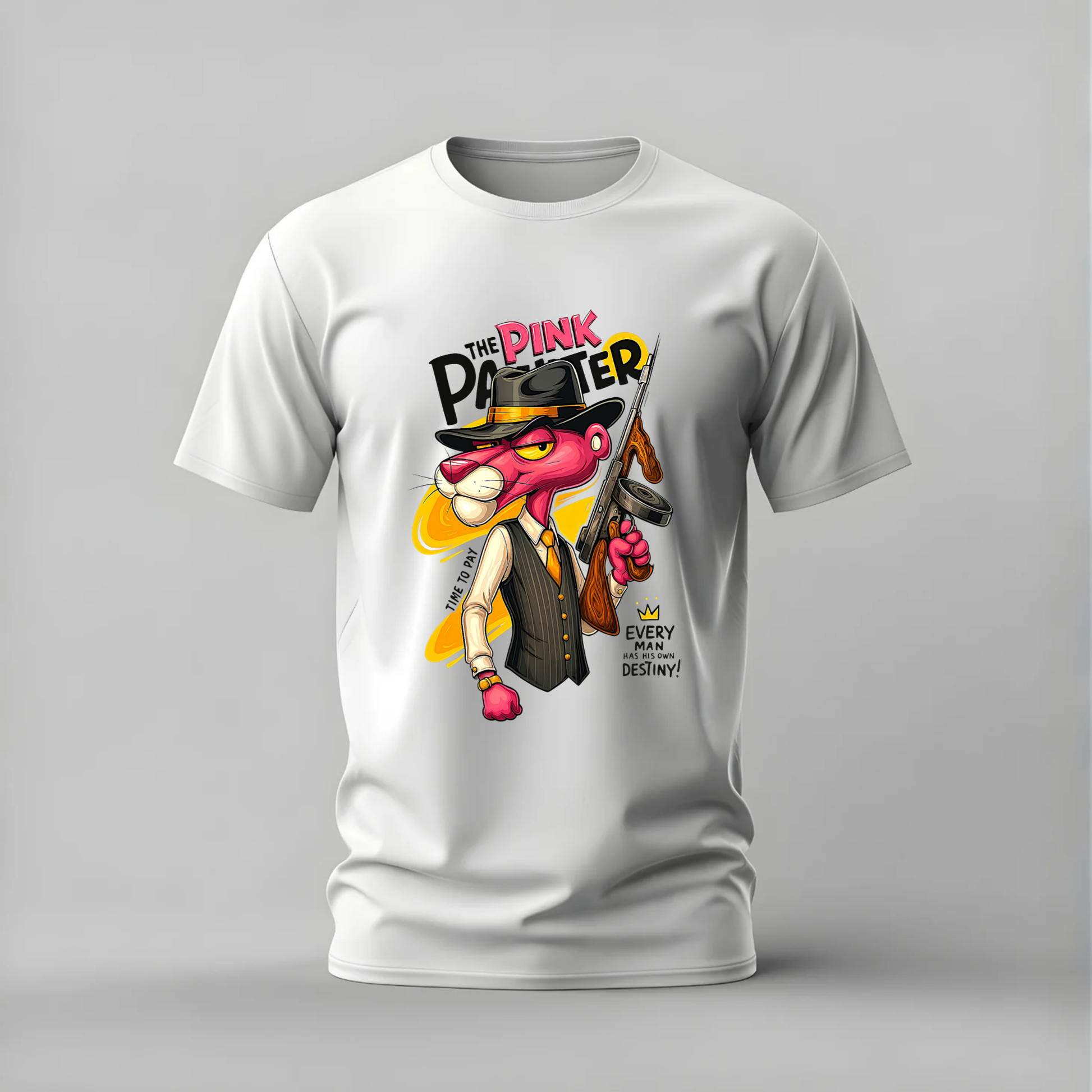 pink panther tshirt; gangster pink panther shirt; pink panther graphic tee; cartoon gangster tshirt; time to pay shirt; unisex cartoon tee; men cotton tshirt; half sleeve printed tshirt; streetwear; casual wear; cartoon merch; pink panther fan shirt
