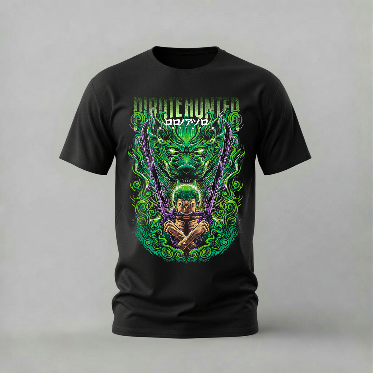 pirate hunter zoro tshirt; roronoa zoro dragon shirt; green dragon zoro graphic tee; one piece zoro tshirt; unisex pirate hunter tee; men cotton tshirt; half sleeve printed tshirt; anime merch; casual wear