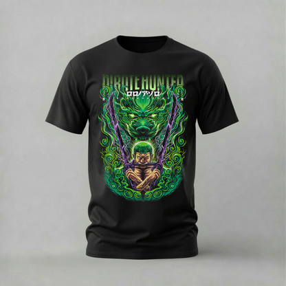 pirate hunter zoro tshirt; roronoa zoro dragon shirt; green dragon zoro graphic tee; one piece zoro tshirt; unisex pirate hunter tee; men cotton tshirt; half sleeve printed tshirt; anime merch; casual wear