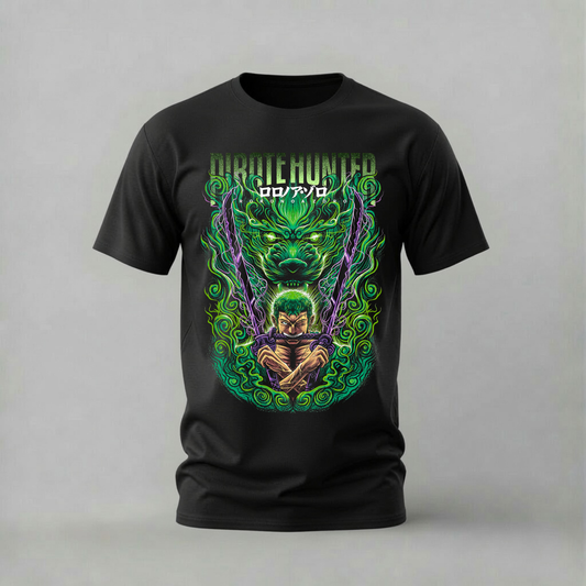 pirate hunter zoro tshirt; roronoa zoro dragon shirt; green dragon zoro graphic tee; one piece zoro tshirt; unisex pirate hunter tee; men cotton tshirt; half sleeve printed tshirt; anime merch; casual wear