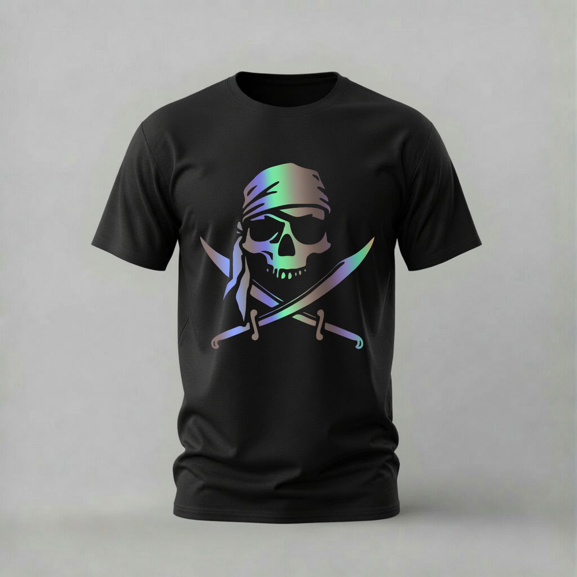 pirate skull tshirt; holographic skull shirt; crossed swords graphic tee; pirate bandana tshirt; edgy skull tee; unisex pirate tshirt; men cotton tshirt; half sleeve printed tshirt; streetwear; casual wear; skull merch; pirate graphic shirt
