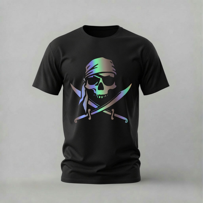pirate skull tshirt; holographic skull shirt; crossed swords graphic tee; pirate bandana tshirt; edgy skull tee; unisex pirate tshirt; men cotton tshirt; half sleeve printed tshirt; streetwear; casual wear; skull merch; pirate graphic shirt
