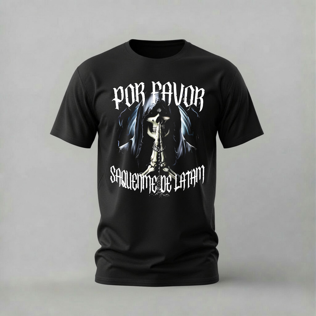 por favor saquenme de latin tshirt; skeleton prayer shirt; gothic spanish graphic tee; saquenme de latin tshirt; unisex graphic tee; men cotton tshirt; half sleeve printed tshirt; street merch; casual wear
