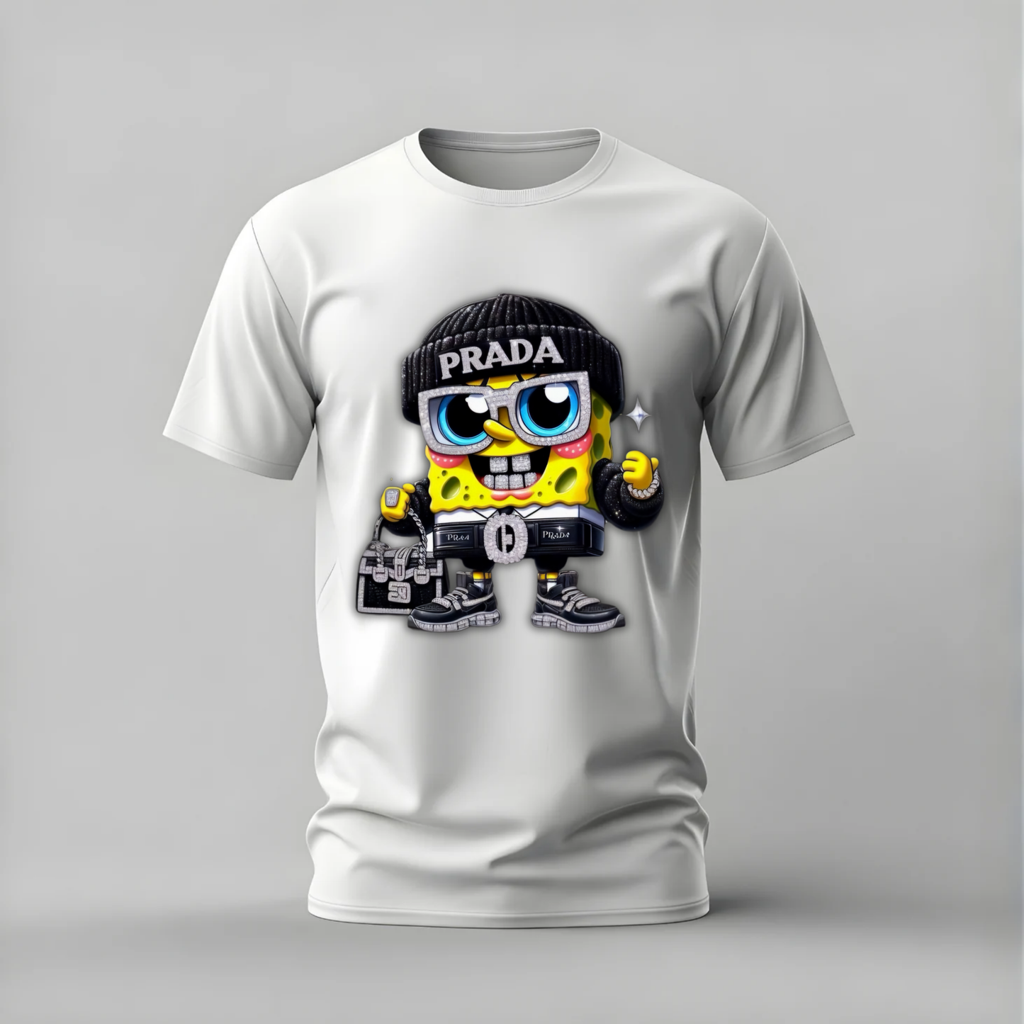 prada spongebob tshirt; luxury spongebob shirt; prada spongebob graphic tee; spongebob streetwear tshirt; bling spongebob shirt; unisex spongebob tee; men cotton tshirt; half sleeve printed tshirt; streetwear; casual wear; spongebob merch; cartoon graphic shirt
