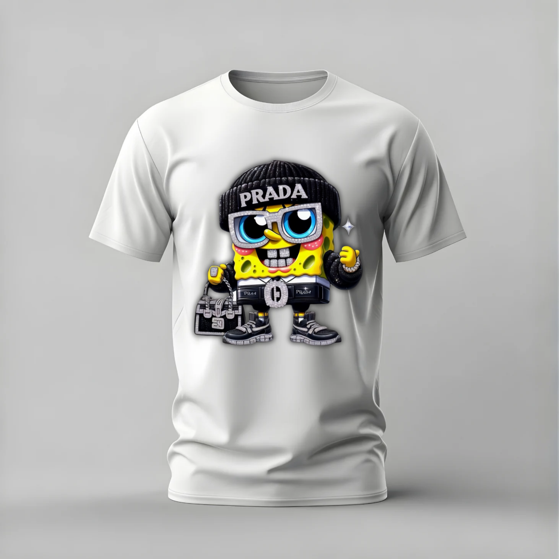 prada spongebob tshirt; luxury spongebob shirt; prada spongebob graphic tee; spongebob streetwear tshirt; bling spongebob shirt; unisex spongebob tee; men cotton tshirt; half sleeve printed tshirt; streetwear; casual wear; spongebob merch; cartoon graphic shirt
