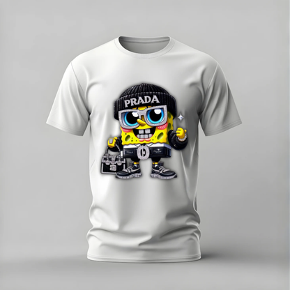 prada spongebob tshirt; luxury spongebob shirt; prada spongebob graphic tee; spongebob streetwear tshirt; bling spongebob shirt; unisex spongebob tee; men cotton tshirt; half sleeve printed tshirt; streetwear; casual wear; spongebob merch; cartoon graphic shirt

