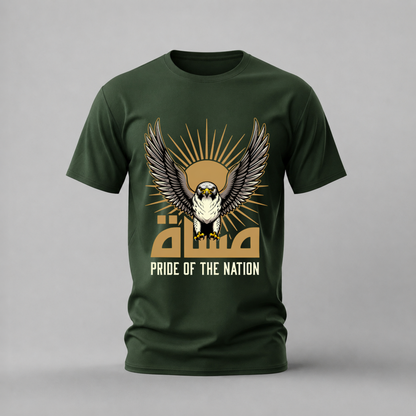 pride of the nation tshirt; falcon uae shirt; pride of the nation graphic tee; arabic falcon tshirt; uae falcon shirt; unisex falcon tee; men cotton tshirt; half sleeve printed tshirt; streetwear; casual wear; uae merch; falcon graphic shirt

