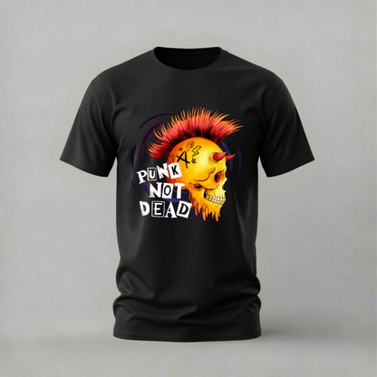 punk not dead tshirt; mohawk skull shirt; punk skull graphic tee; punk not dead tshirt; alternative skull shirt; unisex punk tee; men cotton tshirt; half sleeve printed tshirt; streetwear; casual wear; punk merch; skull graphic shirt
