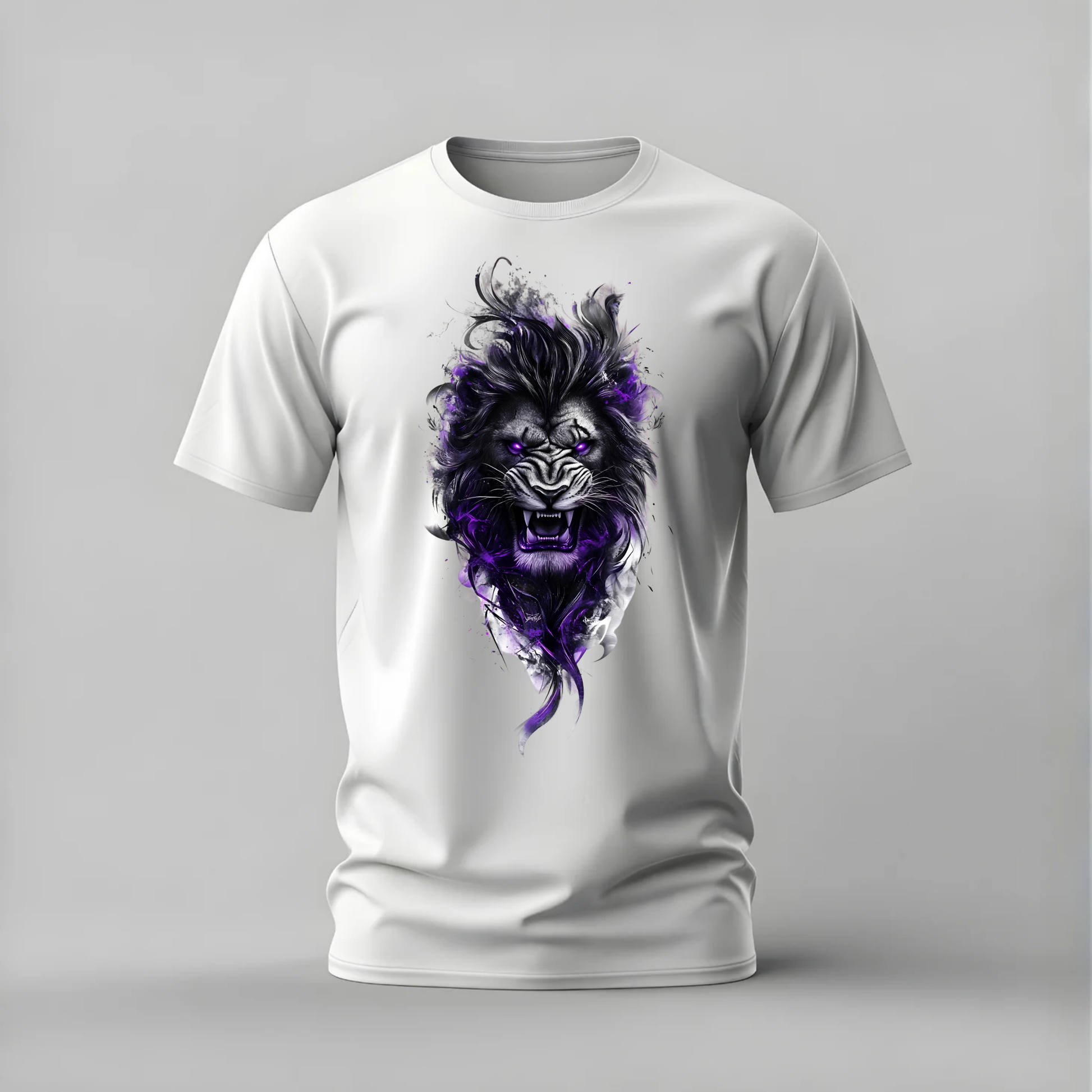 purple eye lion tshirt; roaring lion shirt; lion graphic tee; purple lion tshirt; fierce lion shirt; unisex lion tee; men cotton tshirt; half sleeve printed tshirt; streetwear; casual wear; lion merch; animal graphic shirt
