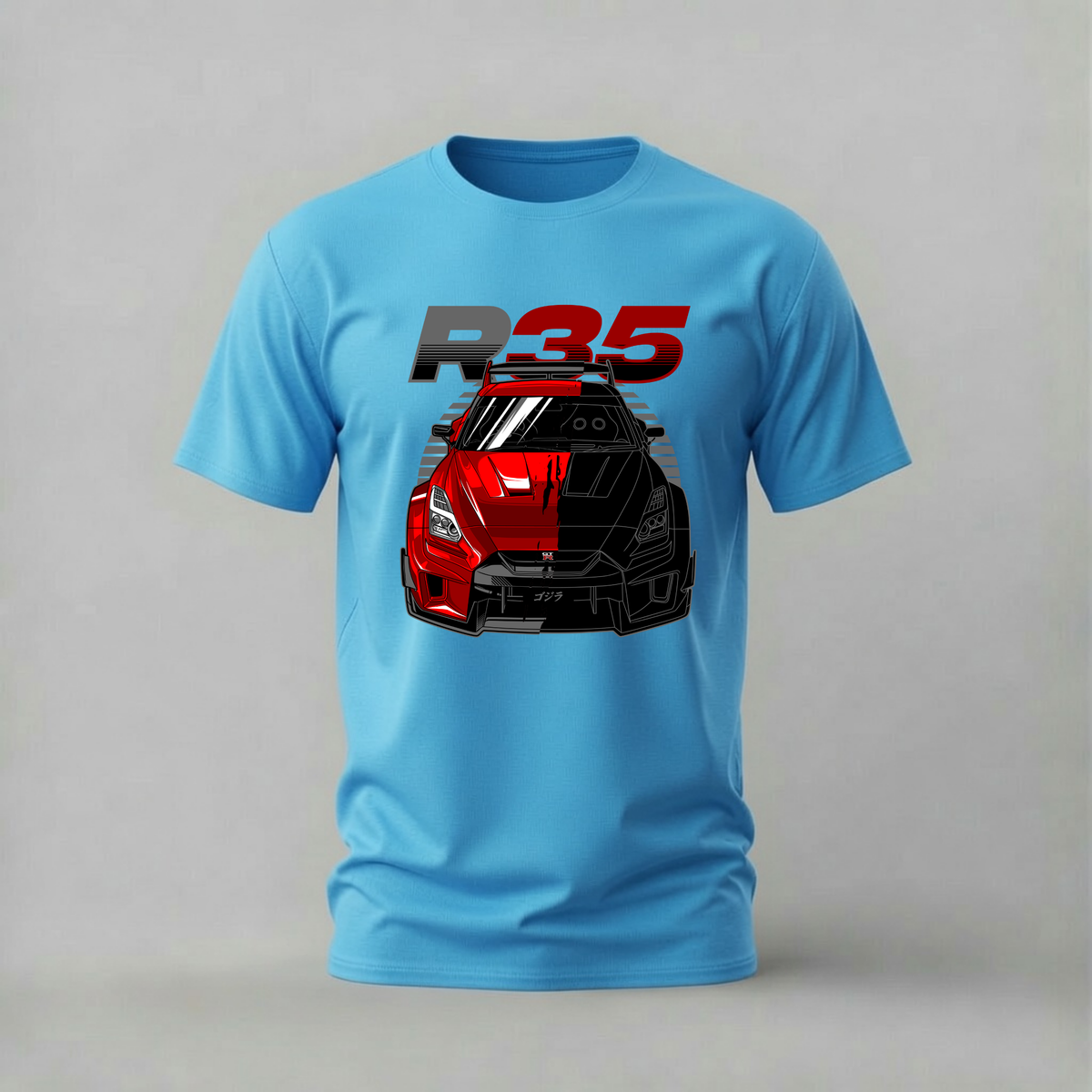 r35 split tshirt; red black gtr shirt; nissan r35 graphic tee; split color gtr tshirt; unisex car tee; men cotton tshirt; half sleeve printed tshirt; car merch; casual wear