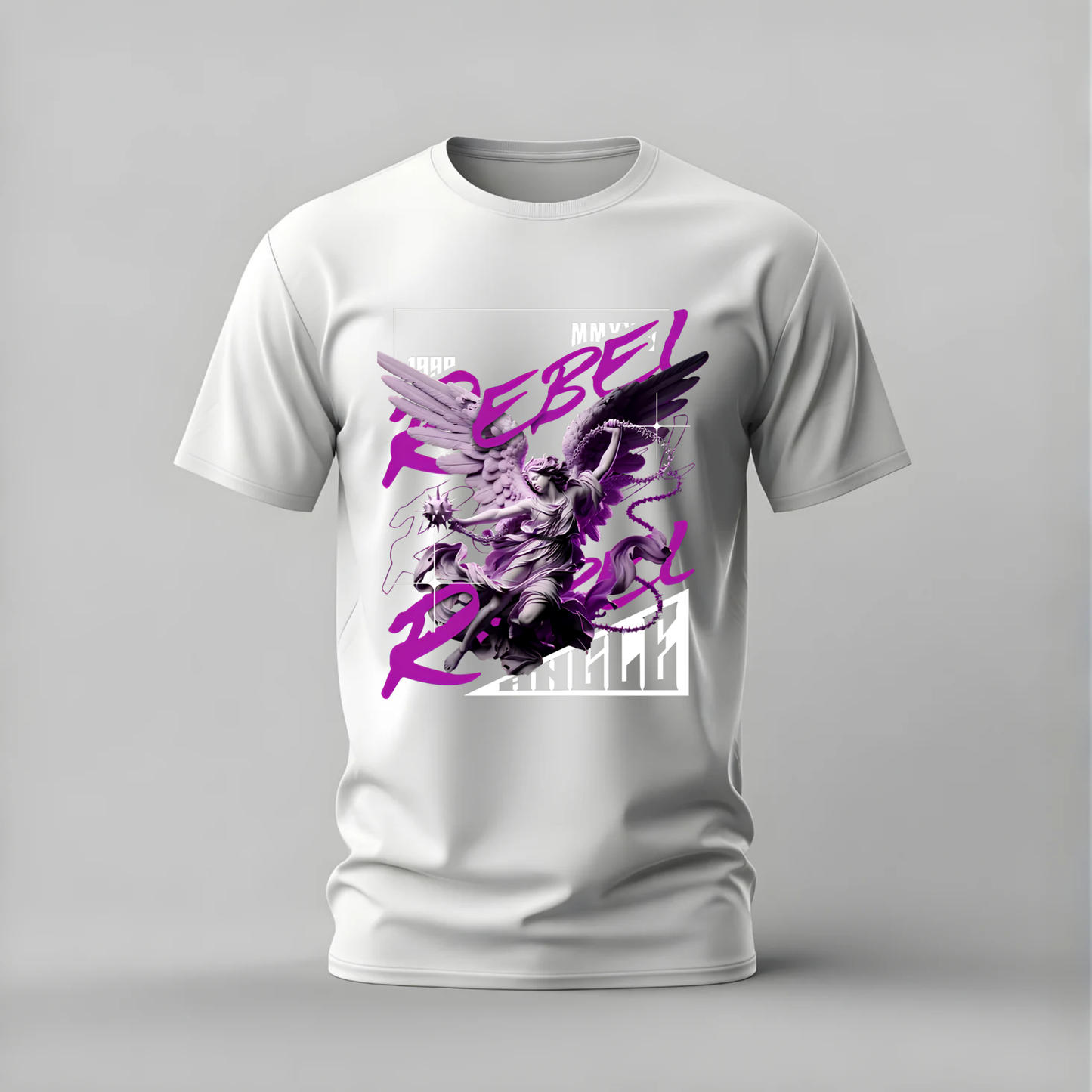 rebel angel tshirt; winged rebel shirt; angel chains graphic tee; rebel purple tshirt; dark angel streetwear; unisex rebel tee; men cotton tshirt; half sleeve printed tshirt; streetwear; casual wear; rebel merch; angel graphic shirt
