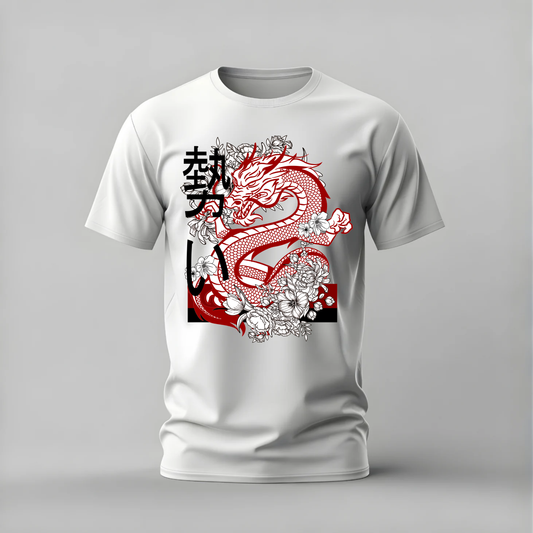red japanese dragon tshirt; oriental dragon shirt; japanese dragon graphic tee; traditional dragon tshirt; floral dragon shirt; unisex dragon tee; men cotton tshirt; half sleeve printed tshirt; streetwear; casual wear; dragon merch; japanese graphic shirt