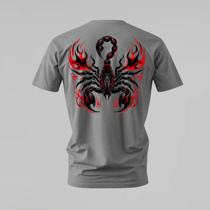 red tribal scorpion tshirt; flame scorpion shirt; tribal scorpion graphic tee; black red scorpion tshirt; unisex graphic tee; men cotton tshirt; half sleeve printed tshirt; street merch; casual wear
