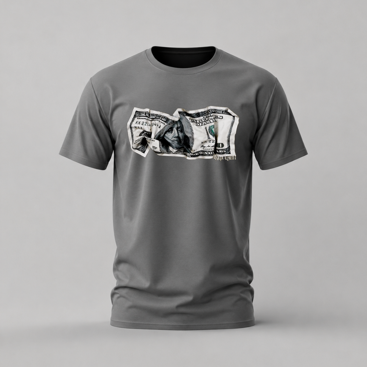 represent hundred tshirt; crumpled 100 dollar shirt; money graphic tee; represent cash tshirt; unisex graphic tee; men cotton tshirt; half sleeve printed tshirt; street merch; casual wear