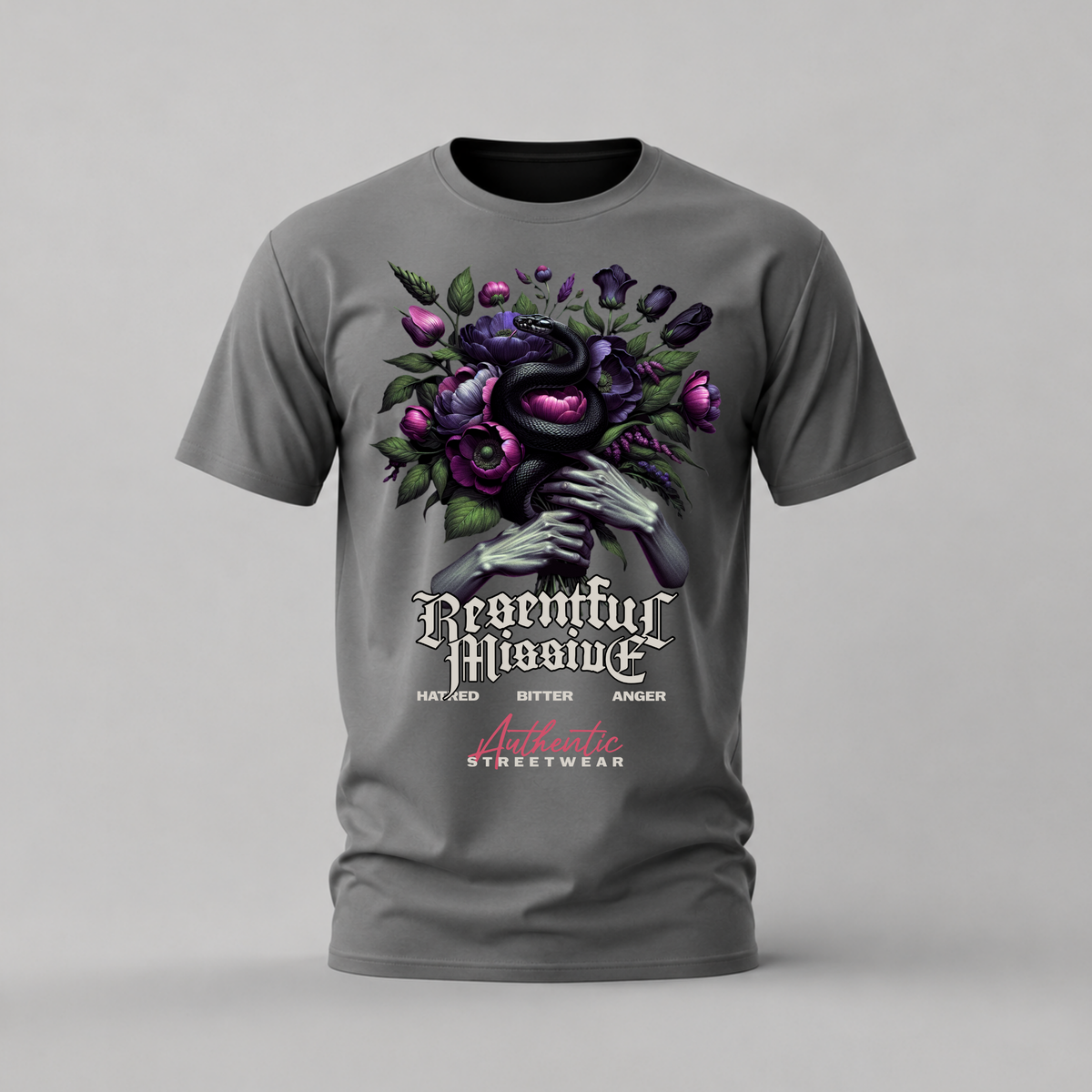 resentful missive tshirt; snake flowers shirt; gothic streetwear graphic tee; dark floral tshirt; unisex streetwear tee; men cotton tshirt; half sleeve printed tshirt; alternative merch; casual wear