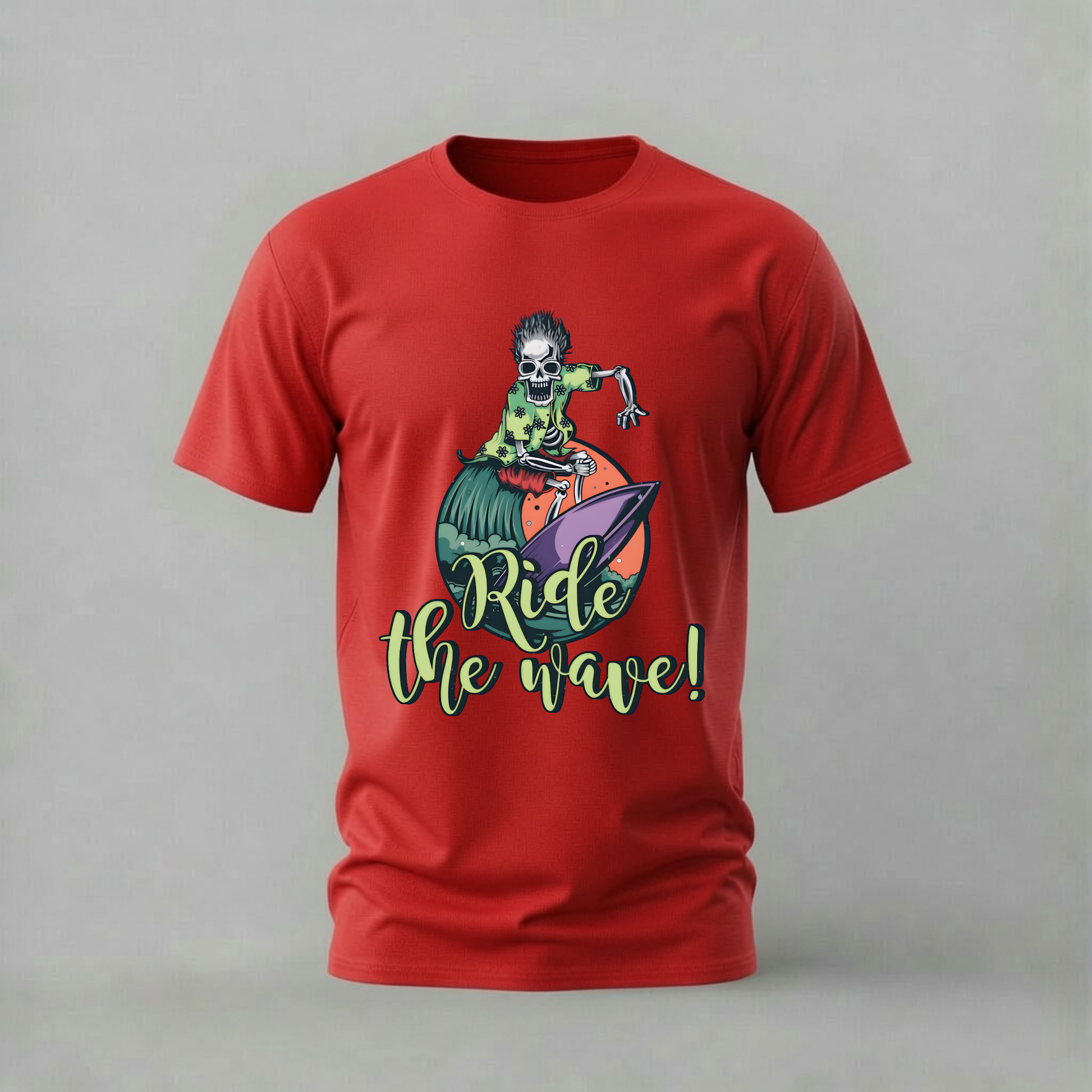 ride the wave tshirt; surfing skeleton shirt; skeleton surf graphic tee; beach skeleton tshirt; ride the wave shirt; unisex surf tee; men cotton tshirt; half sleeve printed tshirt; streetwear; casual wear; surf merch; skeleton graphic shirt
