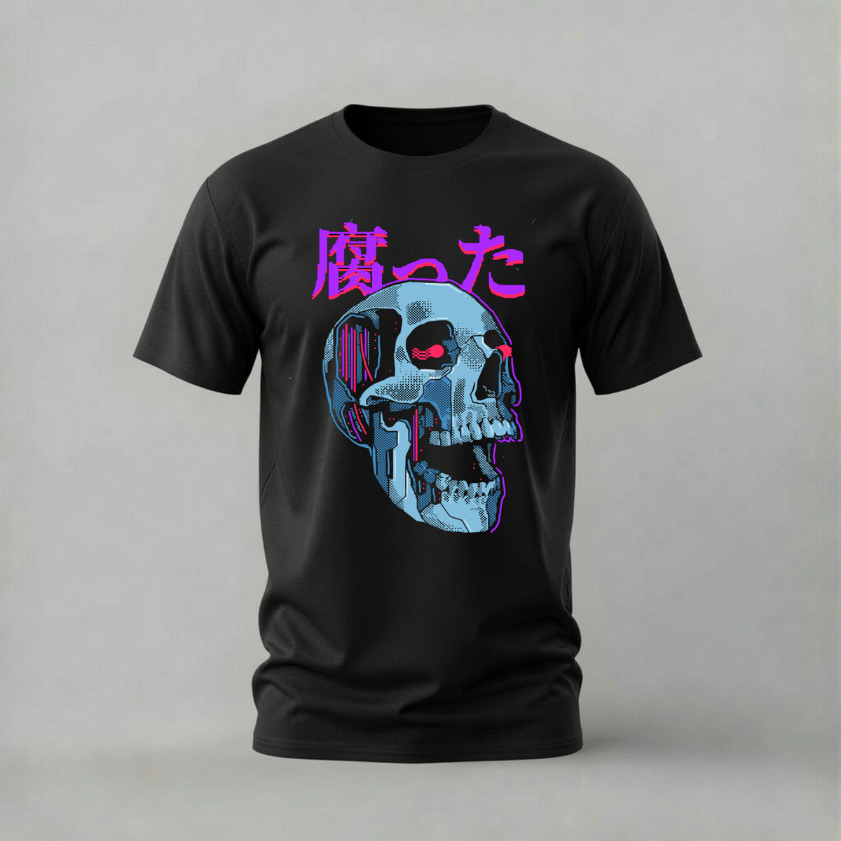 rotten skull tshirt; japanese skull shirt; 腐った graphic tee; blue skull tshirt; unisex graphic tee; men cotton tshirt; half sleeve printed tshirt; street merch; casual wear