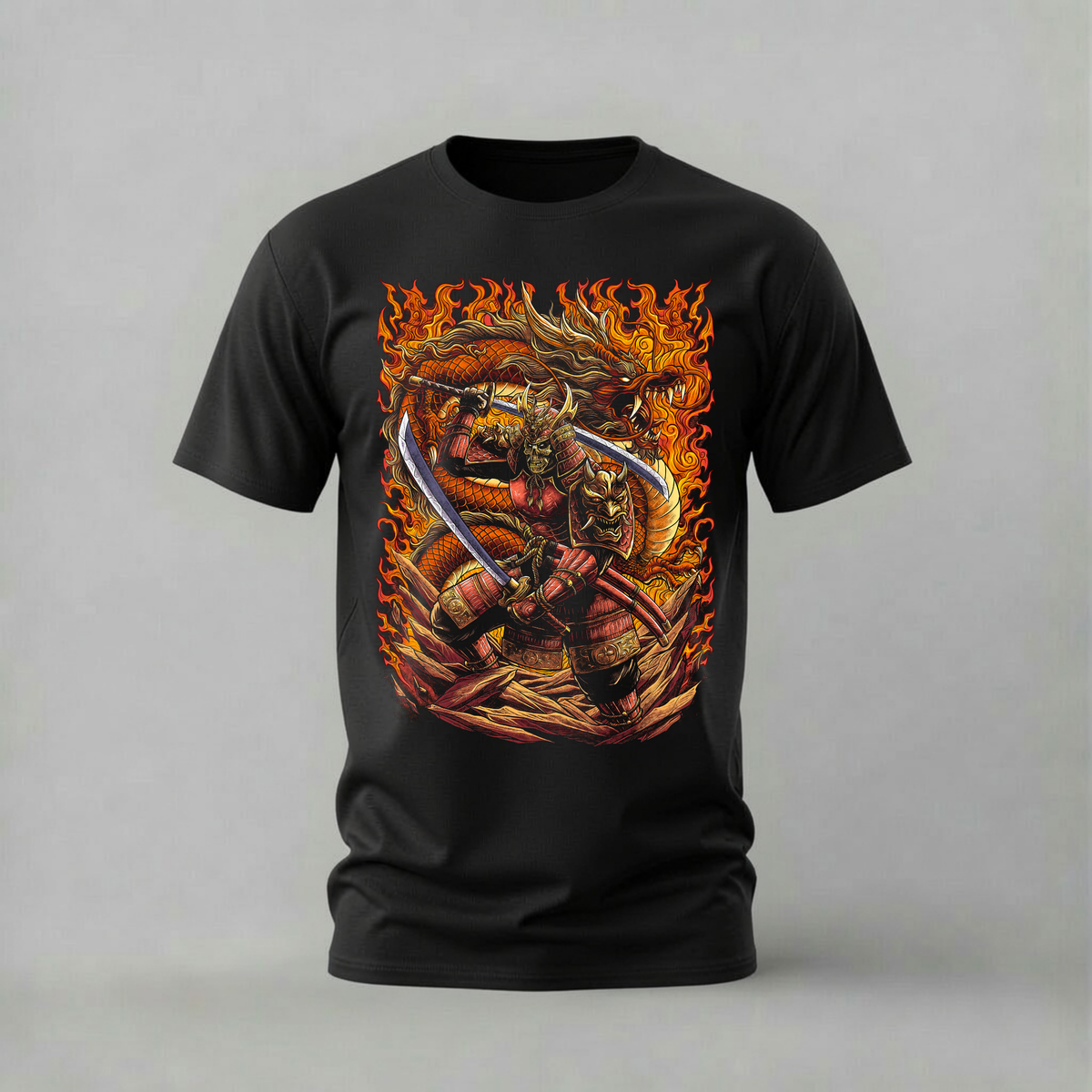 samurai dragon tshirt; fire warrior shirt; samurai graphic tee; dragon samurai tshirt; unisex samurai dragon tee; men cotton tshirt; half sleeve printed tshirt; fantasy merch; casual wear