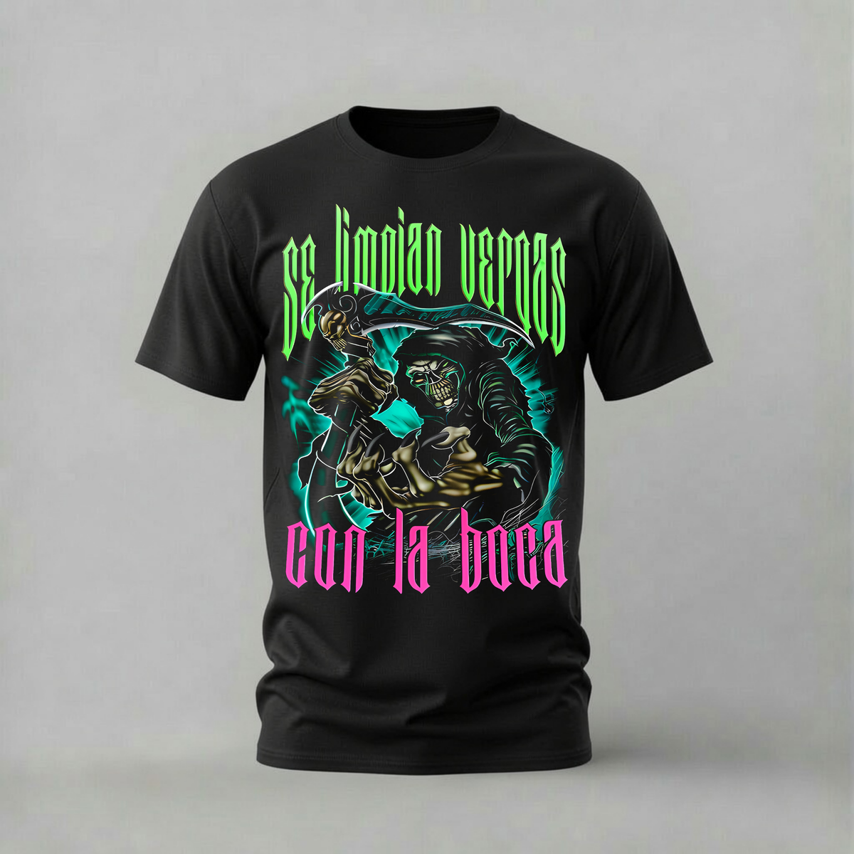 se limpian vergas tshirt; skeleton scythe shirt; grim reaper graphic tee; spanish streetwear tshirt; unisex streetwear tee; men cotton tshirt; half sleeve printed tshirt; dark humor merch; casual wear