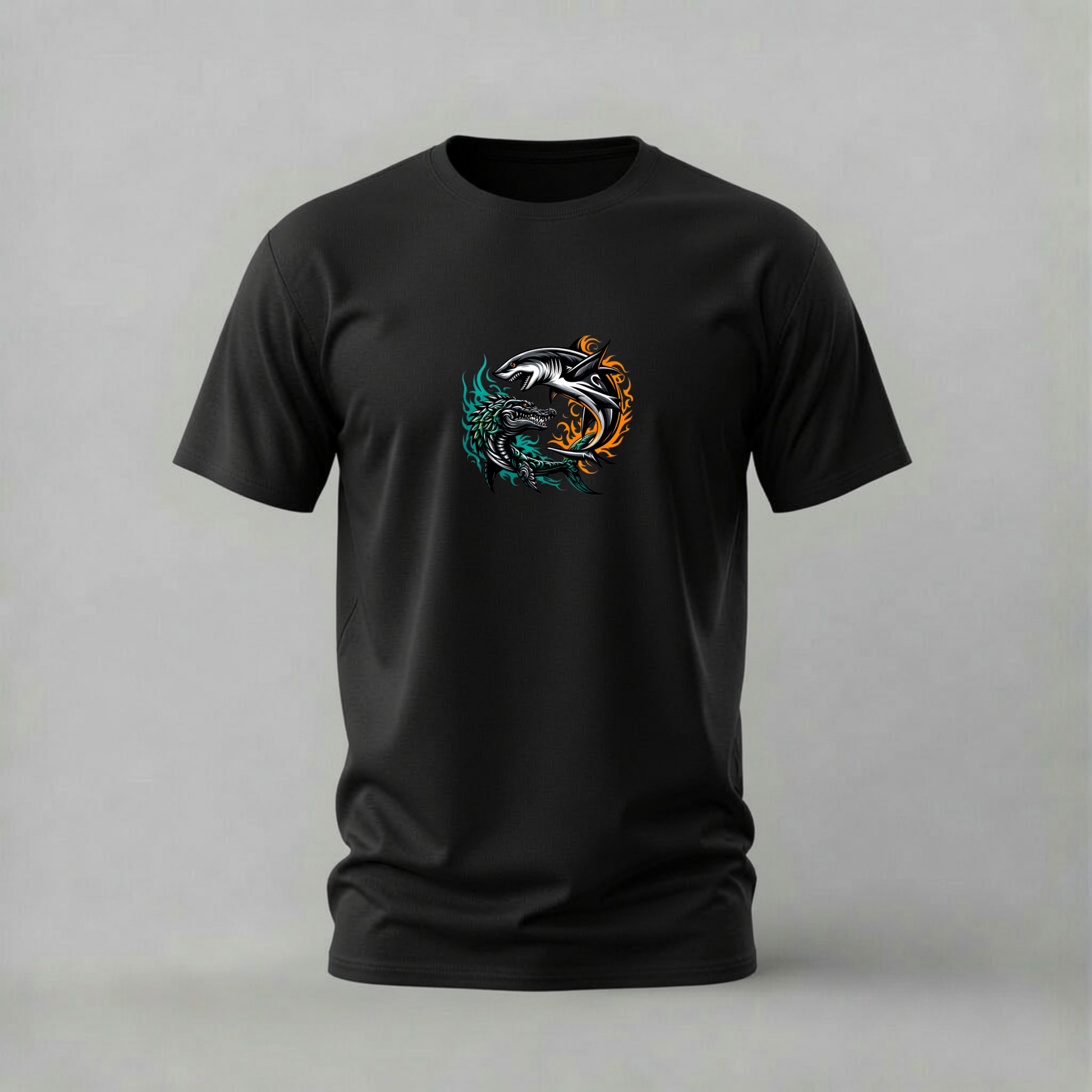 shark crocodile tshirt; dual predator shirt; shark crocodile graphic tee; animal face off tshirt; predator design shirt; unisex animal tee; men cotton tshirt; half sleeve printed tshirt; streetwear; casual wear; shark merch; crocodile graphic shirt
