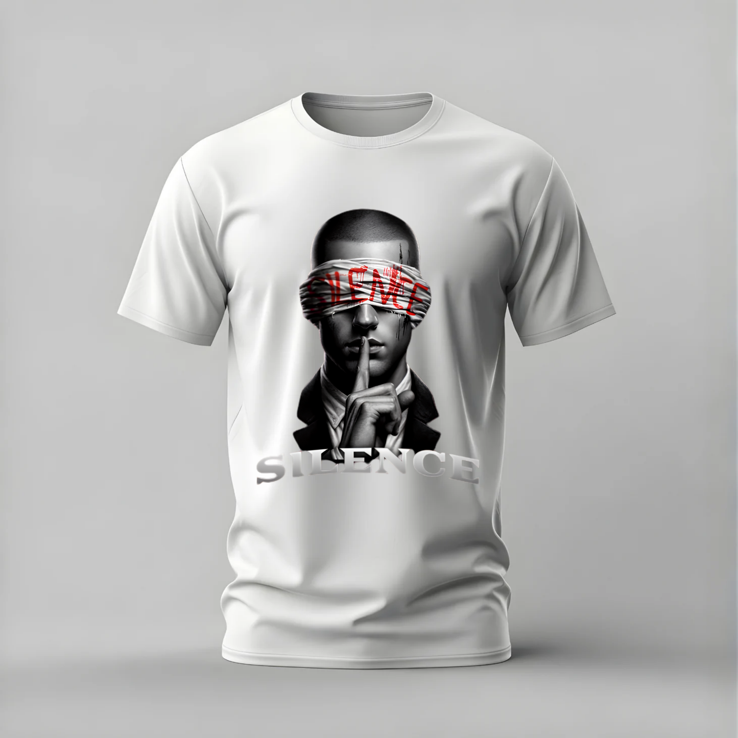 silence tshirt; blindfold shirt; silence graphic tee; dark art tshirt; mysterious silence shirt; unisex dark tee; men cotton tshirt; half sleeve printed tshirt; streetwear; casual wear; dark merch; silence graphic shirt
