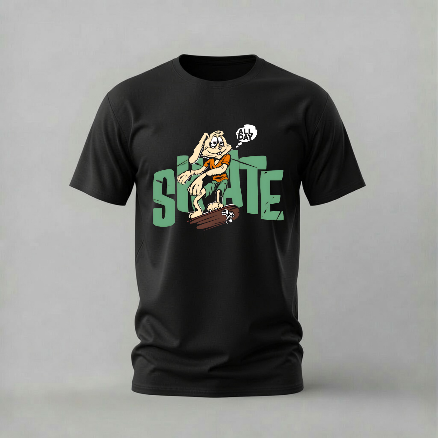 skate all day tshirt; skateboard rabbit shirt; skate rabbit graphic tee; skate all day tshirt; cartoon skate shirt; unisex skate tee; men cotton tshirt; half sleeve printed tshirt; streetwear; casual wear; skate merch; rabbit graphic shirt
