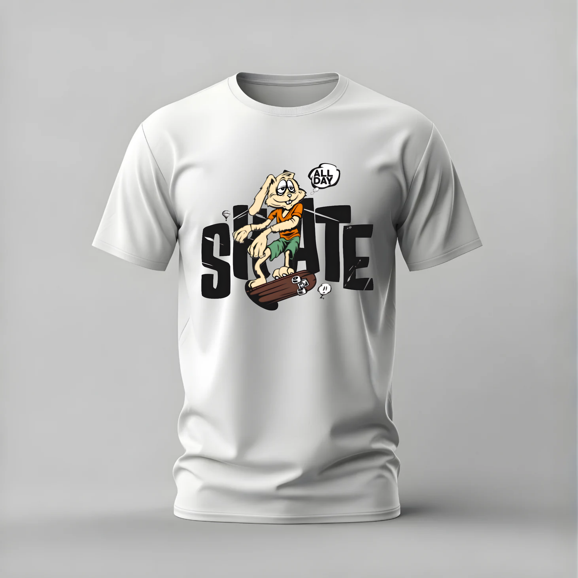 skate all day tshirt; skateboard rabbit shirt; skate rabbit graphic tee; skate all day tshirt; cartoon skate shirt; unisex skate tee; men cotton tshirt; half sleeve printed tshirt; streetwear; casual wear; skate merch; rabbit graphic shirt
