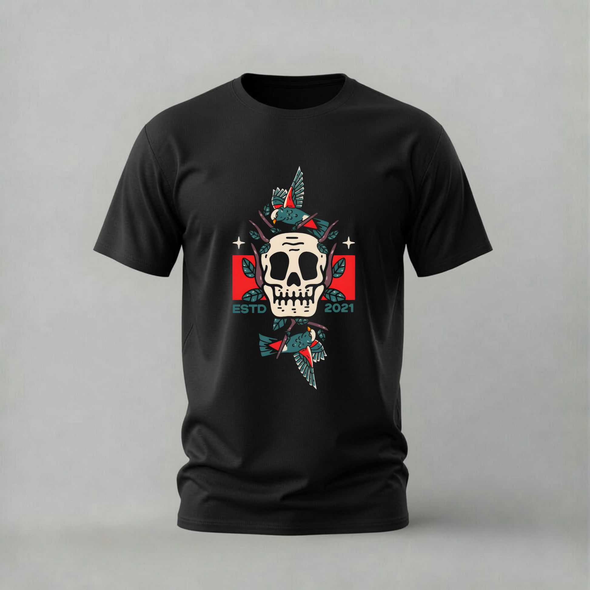skull birds tshirt; estd 2021 shirt; skull graphic tee; birds skull tshirt; alternative skull shirt; unisex skull tee; men cotton tshirt; half sleeve printed tshirt; streetwear; casual wear; skull merch; birds graphic shirt
